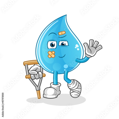 water drop sick with limping stick character. cartoon mascot vector