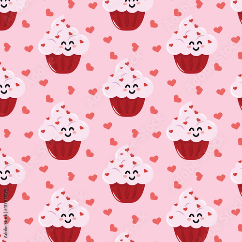 Background with hearts and cupcake cartoon.