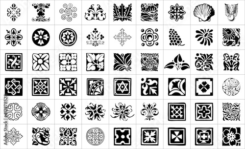 set of black and white icons batik ornamnet