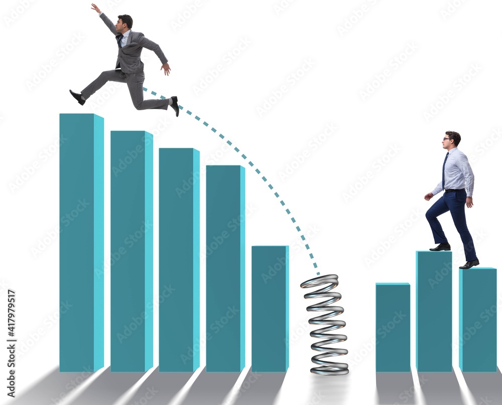 Business people jumping over bar charts Business people jumping over bar charts