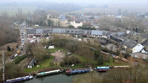 The Maltings trading estate ,canal boats on river Stort  Sawbridgeworth Essex UK Aerial footage 4K. photo