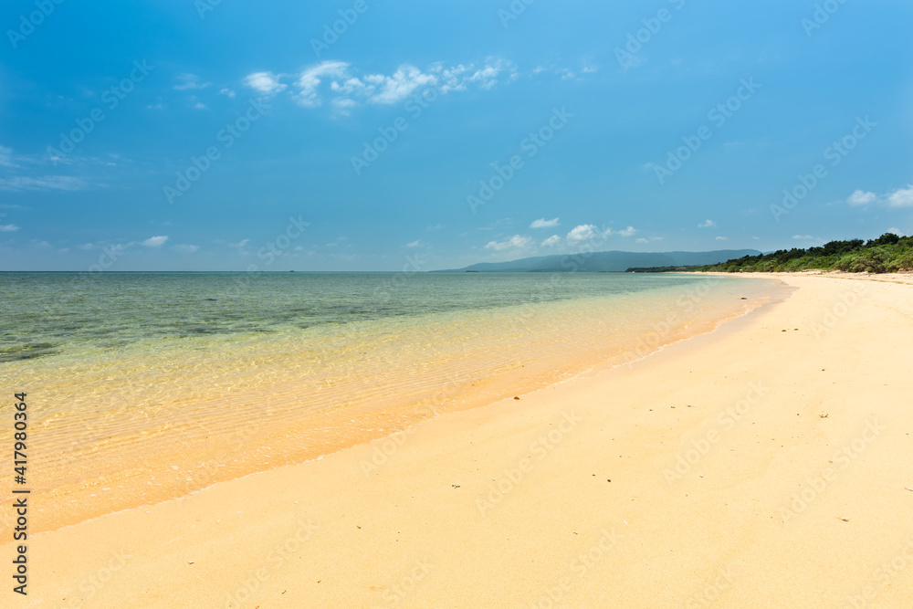 Gorgeous extensive paradise beach, white sands, emerald green sea, coastal vegetation. Iriomote Island.