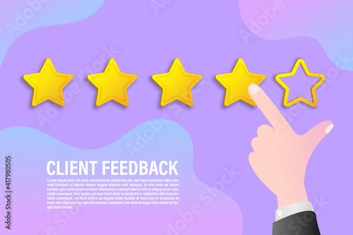 Vector Hand showing in four star brilliant ratings on a purple background. Customer Experience Concept. 