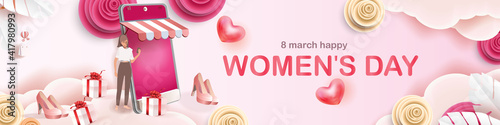happy women's day 8 march in spring season shopping sale promotion vector illustation paper cut art pink color backgroung on page website 