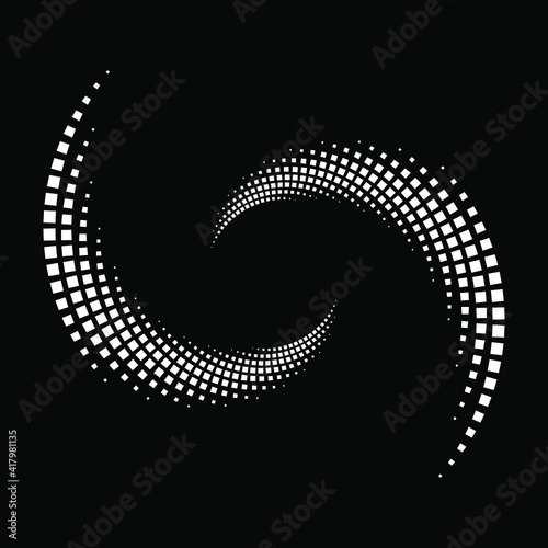 White square halftone dotted stripes in vortex form. Geometric art. Trendy design element for frame, logo, blackout tattoo, symbol, web, prints, posters, template, pattern and abstract background