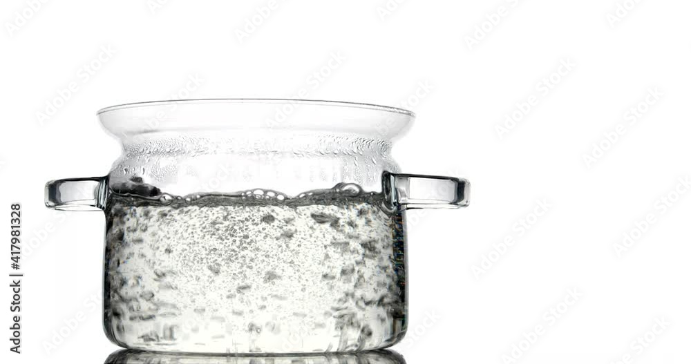 Cooking pot with boiling water on white background