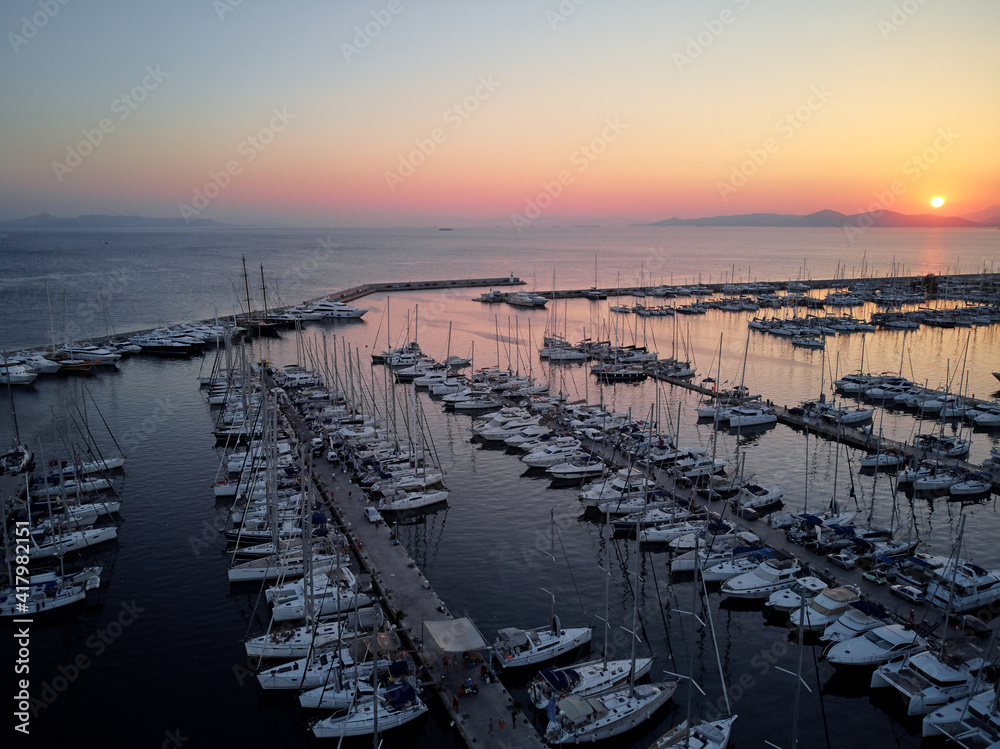 Obraz premium Aerial drone bird's eye view of marina in Athens with docked yachts.