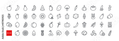 Set of vector linear icons. Vegetables, fruits and berries. Contour, shape, outline. Thin line. Modern design. Healthy food and vitamins
