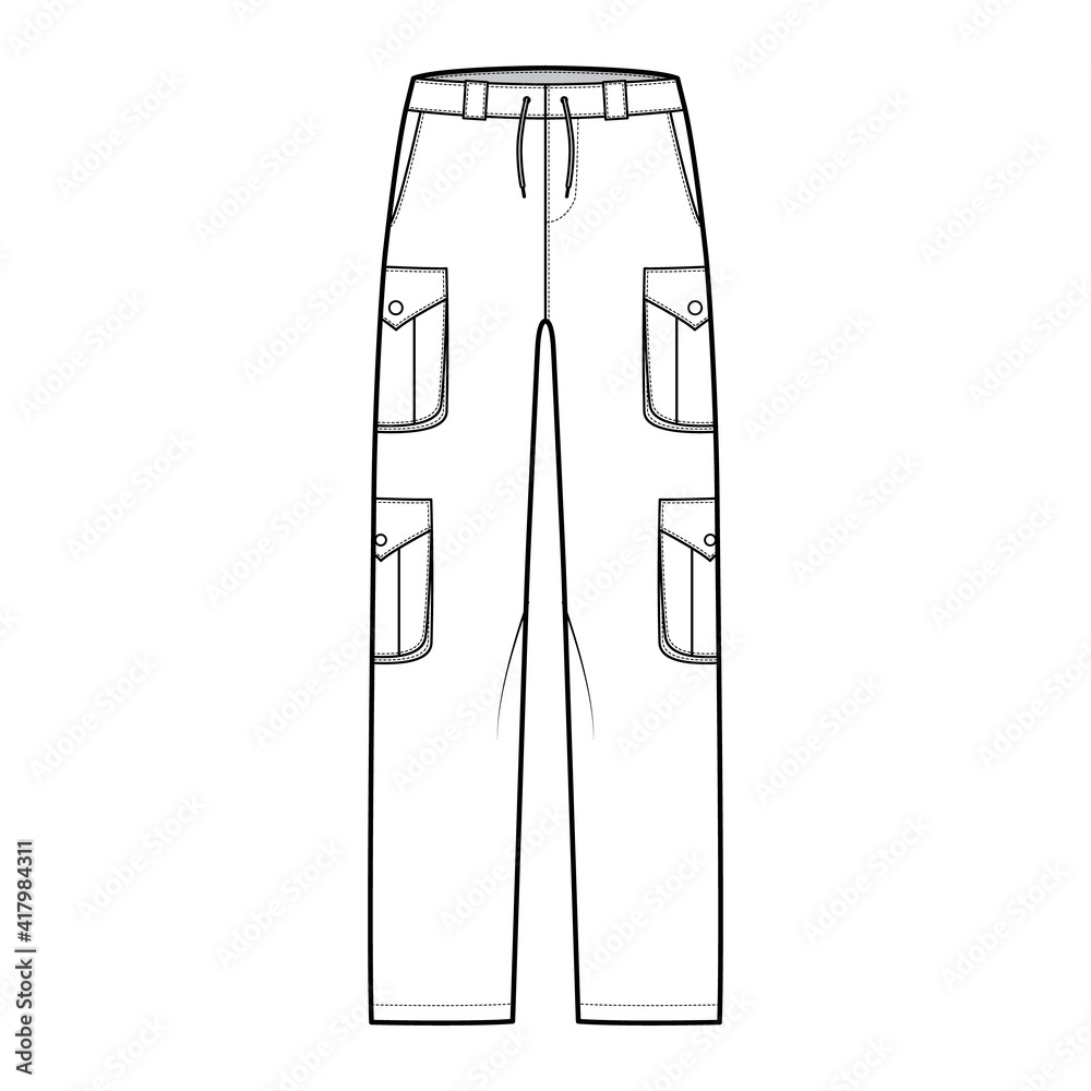 Set of cargo pants technical fashion illustration with low waist, rise, pockets, belt loops, full lengths. Flat bottom apparel template front, white, color style. Women, men, unisex CAD mockup Set of cargo pants technical fashion illustration with low waist, rise, pockets, belt loops, full lengths. Flat bottom apparel template front, white, color style. Women, men, unisex CAD mockup