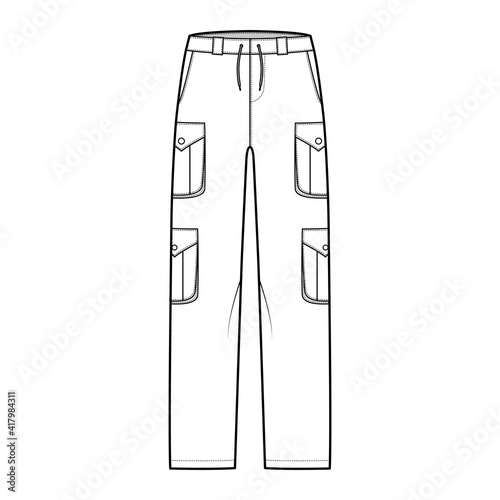 Set of cargo pants technical fashion illustration with low waist, rise, pockets, belt loops, full lengths. Flat bottom apparel template front, white, color style. Women, men, unisex CAD mockup