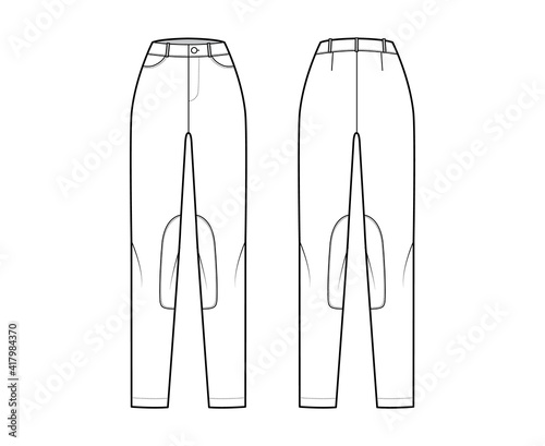 Jeans Kentucky Jodhpurs Denim pants technical fashion illustration with normal waist, high rise, pockets, belt loops, full lengths. Flat bottom template front back, white color style. Women, men CAD