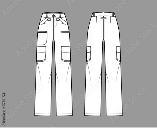 Ski pants technical fashion illustration with low waist, high rise, flap zipper patch pockets, belt loops, full lengths. Flat apparel template front back white color style. Women men unisex CAD mockup