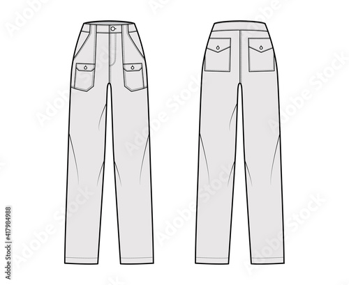 Bush pants Denim pants technical fashion illustration with normal waist, high rise, patch bellows cargo pockets. Flat bottom apparel template front back grey color style. Women, men, unisex CAD mockup