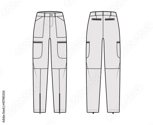 Set of Parachute pants technical fashion illustration with normal waist, rise, pockets, belt loops, full lengths. Flat bottom apparel template front back grey color style. Women, men unisex CAD mockup