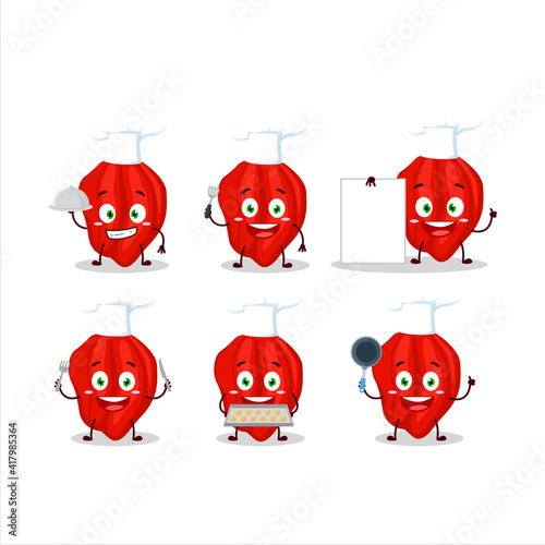 Cartoon character of new red habanero with various chef emoticons