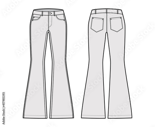 Jeans flared bottom Denim pants technical fashion illustration with full length, low waist, rise, 5 pockets, Rivets. Flat bottom template front back, grey color style. Women, men, unisex CAD mockup