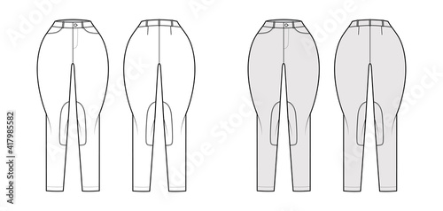 Jeans Classic Jodhpurs Denim pants technical fashion illustration with normal waist, high rise, belt loops, full lengths. Flat apparel front back, white grey color style. Women, men, unisex CAD mockup