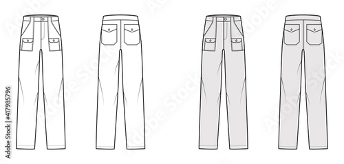 Bush pants Denim pants technical fashion illustration with low waist, rise, patch cargo pockets, full lengths. Flat bottom apparel template front back, white, grey color. Women, men, unisex CAD mockup