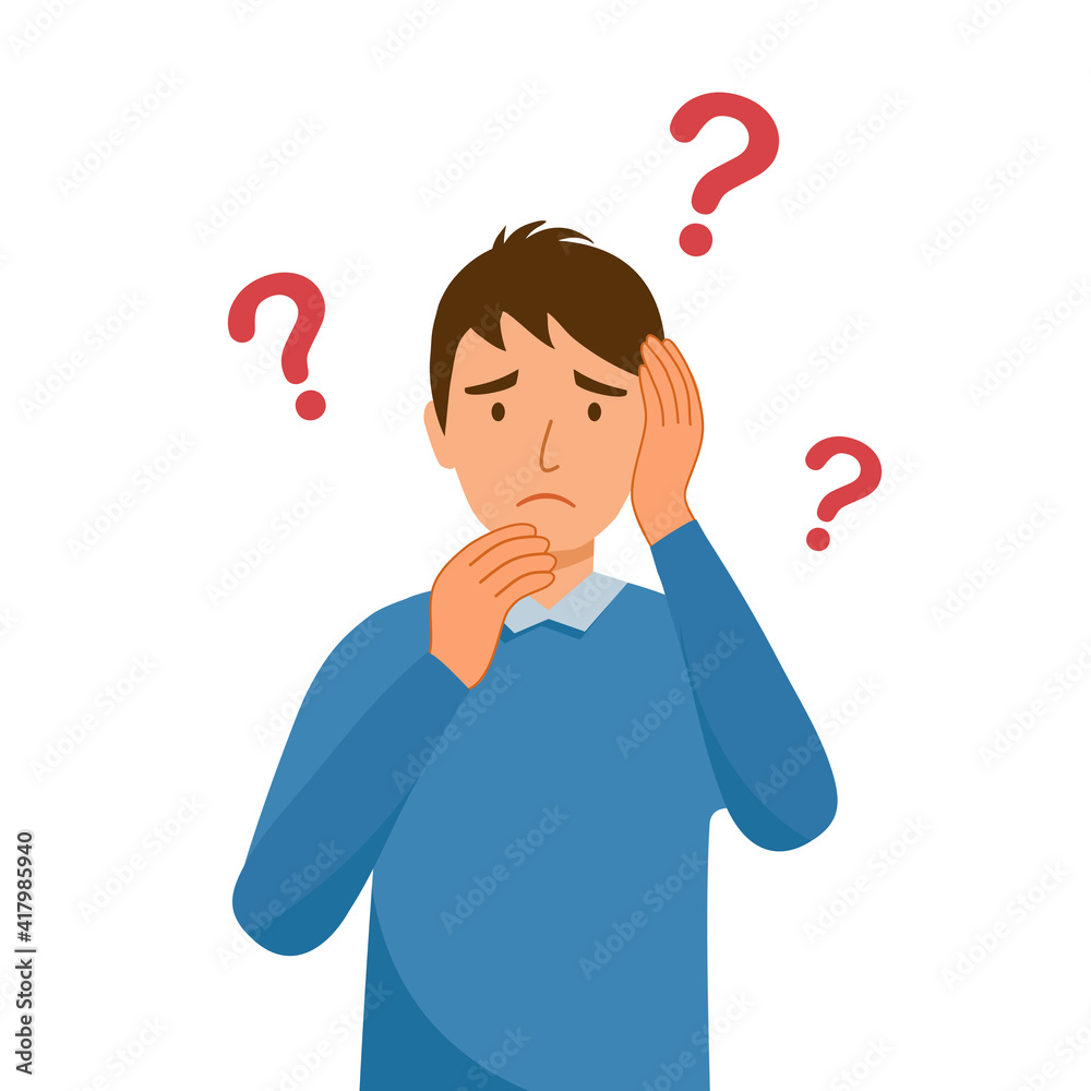 Forgetful man holding hand to his head and chin in flat design. Forgetfulness. Young male has memories problem. Forgetful man holding hand to his head and chin in flat design. Forgetfulness. Young male has memories problem.