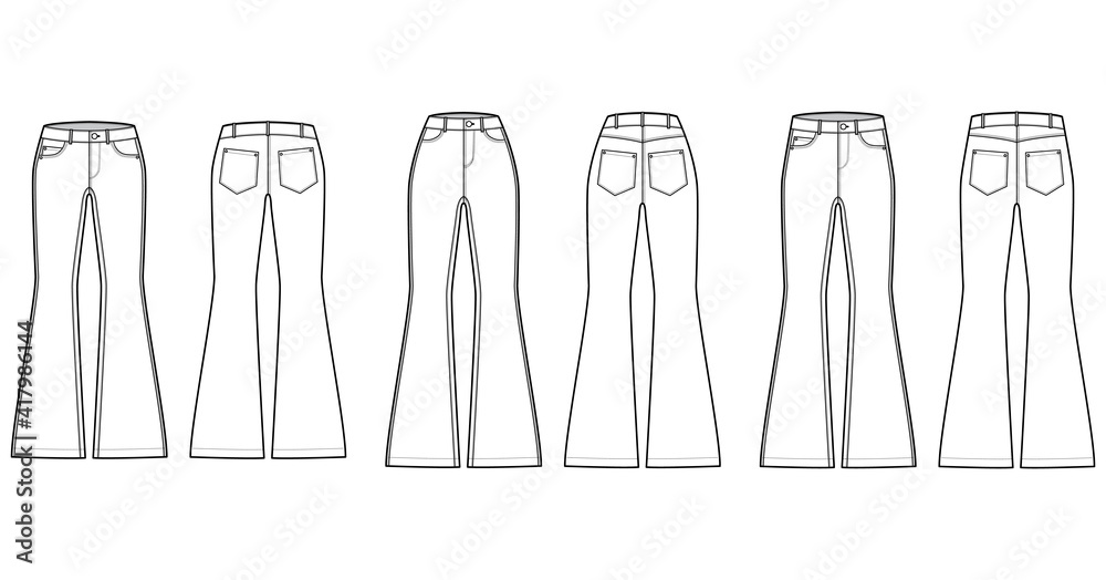 Set of Jeans flared bottom Denim pants technical fashion illustration with full length, normal low waist, high rise, 5 pockets, Rivets. Flat front back, white color style. Women, men unisex CAD mockup Set of Jeans flared bottom Denim pants technical fashion illustration with full length, normal low waist, high rise, 5 pockets, Rivets. Flat front back, white color style. Women, men unisex CAD mockup