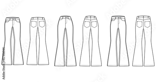 Set of Jeans flared bottom Denim pants technical fashion illustration with full length  normal low waist  high rise  5 pockets  Rivets. Flat front back  white color style. Women  men unisex CAD mockup