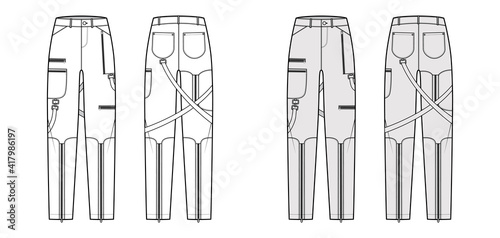 Bondage pants technical fashion illustration with low waist, rise, pockets, belt loops, full lengths. Flat bottom apparel template front back, white, grey color style. Women, men, unisex CAD mockup