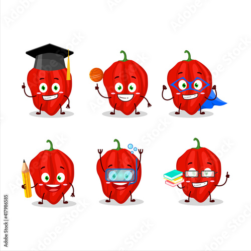 School student of new red habanero cartoon character with various expressions