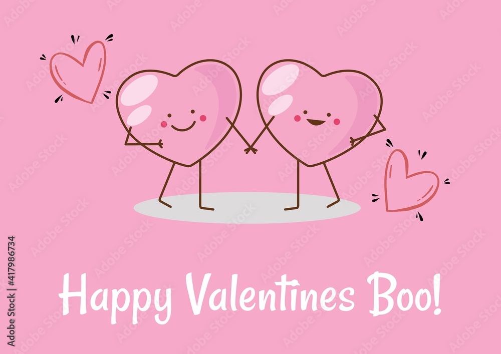 Happy valentines boo text with two hearts holding hands on pink background Happy valentines boo text with two hearts holding hands on pink background