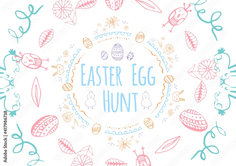 Easter egg hunt text with flowers and easter eggs on white background Easter egg hunt text with flowers and easter eggs on white background