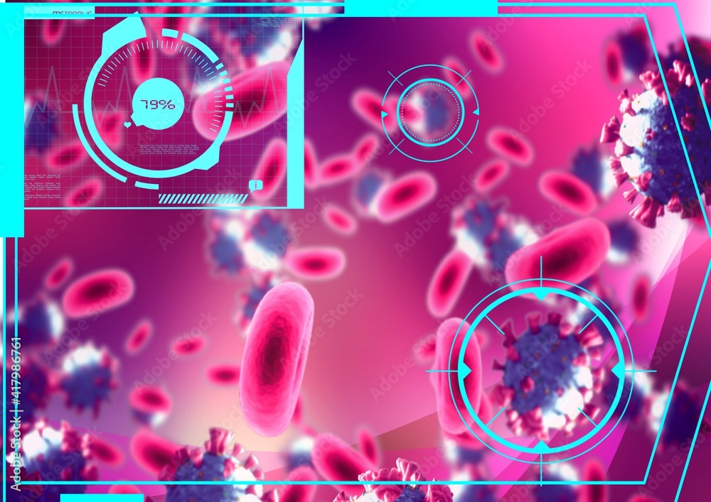 Scientific data processing with scopes scanning with covid 19 and red blood cells on pink background