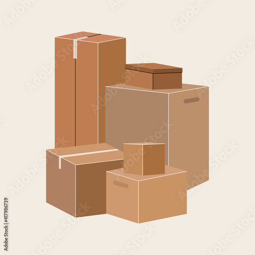 Set of isolated cardboard boxes for moving. Moving concept. Brown boxes of various sizes. Vector stock illustration. Trucking, delivery, logistics, packaging. Moving and packing concept. Postal items