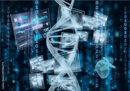 Scientific data binary coding processing with screens and dna strand on black background