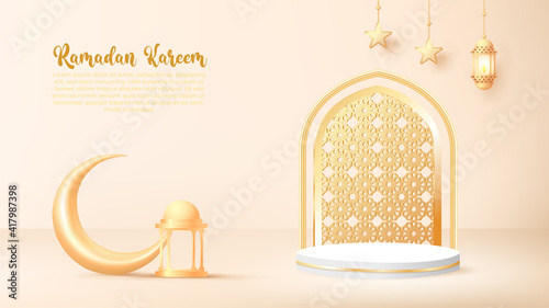 3d ramadan kareem background with golden lamp and podium.