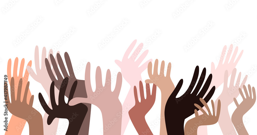 People raising their hands with joy. Simple design art background.White background.