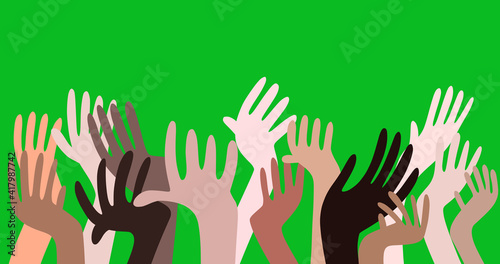 People raising their hands with joy. Simple design art background.Green background.