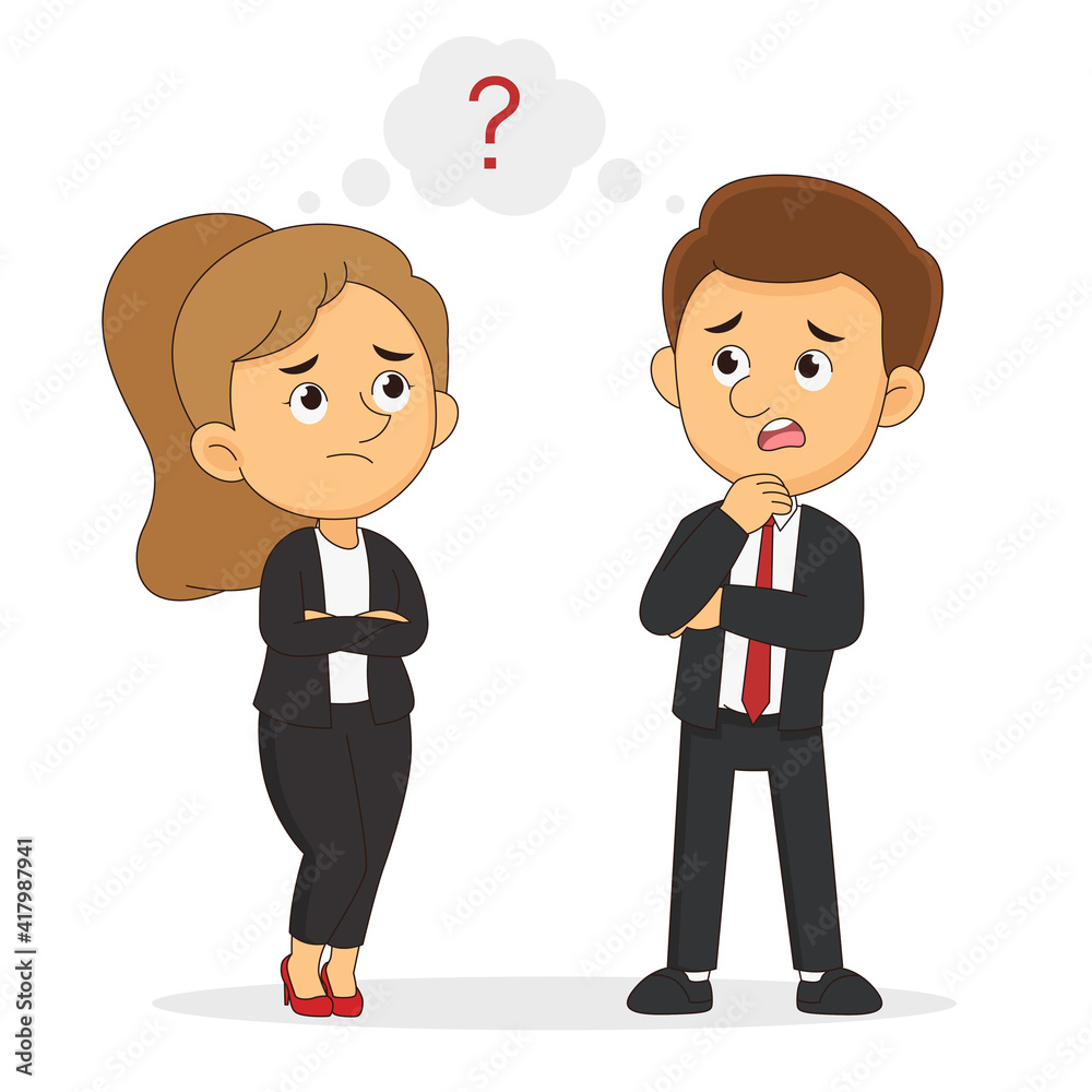 Businessman and businesswoman or managers thinks. Question mark in speech bubble