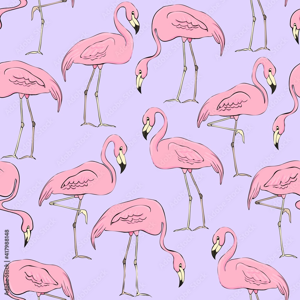 Obraz premium Flamingos on a background of tropical leaves and flowers. Seamless pattern. Flamingo cartoon print. Vector clipart element for design of fabric, paper, wallpaper, backgrounds.
