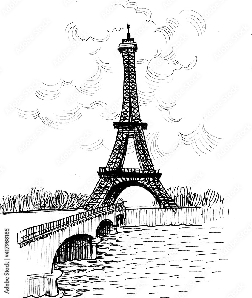 Eiffel tower in Paris. Ink black and white drawing