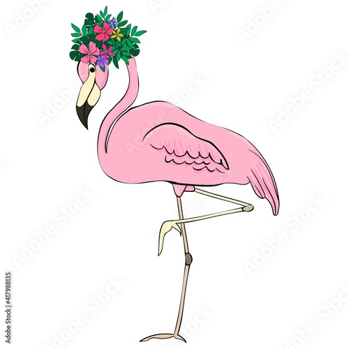 Flamingos on a background of tropical leaves and flowers. Flat vector isolated illustration. Flamingo cartoon print. Vector clipart element for design.