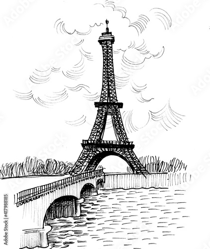 Fototapeta Naklejka Na Ścianę i Meble -  Eiffel tower in Paris. Ink black and white drawing