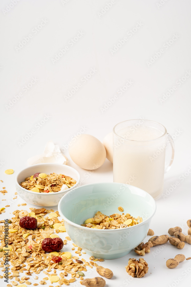 A simple nutritious breakfast on a solid color background A simple nutritious breakfast on a solid color background