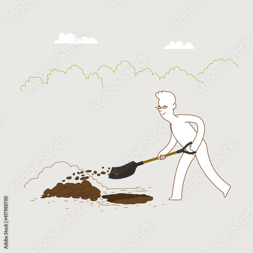 Minimal design, man digging hole in the ground.