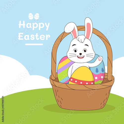 Easter background with rabbit and egg paint in busket