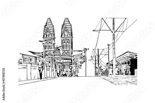 Building view with landmark of Freiburg im Breisgau is the
city in Germany. Hand drawn sketch illustration in vector.