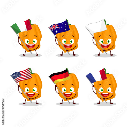Orange habanero cartoon character bring the flags of various countries