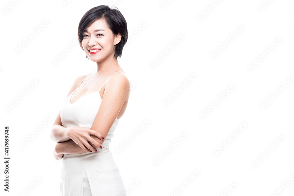 Portrait of beautiful woman with smile over white background. Portrait of beautiful woman with smile over white background.