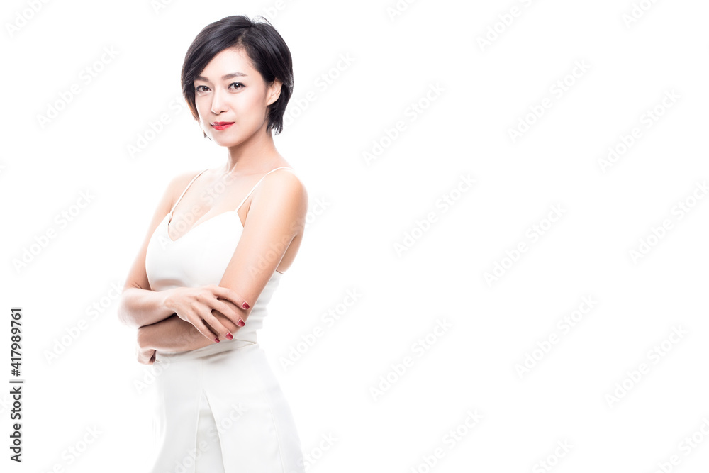 Portrait of beautiful woman with smile over white background. Portrait of beautiful woman with smile over white background.
