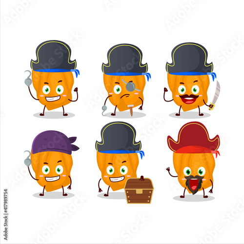 Cartoon character of orange habanero with various pirates emoticons