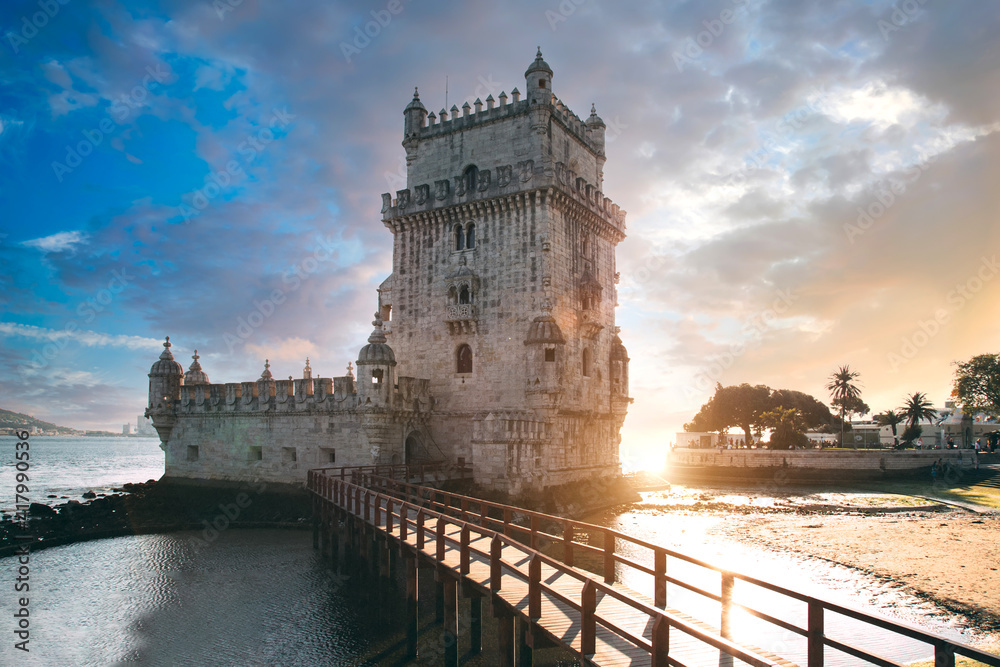 Lisbon, Belem Tower at sunset on the bank of the Tagus River.