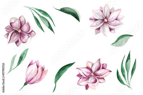 Frame Spring Magnolia Flowers clipart Delicate floral bouquet of magnolia on a white background